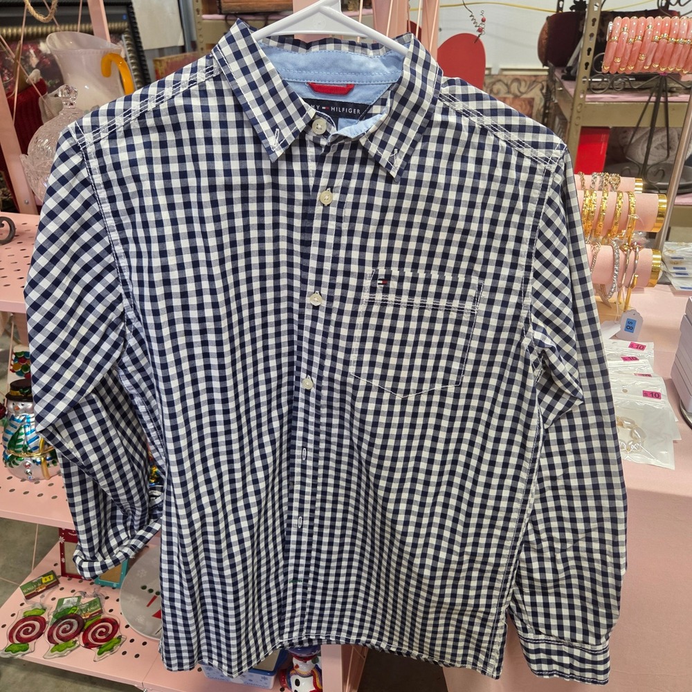 Tommy Hilfiger Boys Gingham Button Down Shirt Navy Blue White L(16/18)
